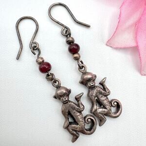 Crouching Monkey Dangle Earrings Tested Silver Patina Whimsical Cute Jungle
